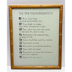 Vtg Reverse Foil Reflective Ten Commandments Wood Bamboo Style Framed Decor